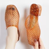 洞洞防滑果冻半拖鞋 女夏水晶透明凉拖鞋 粗跟包头增高网红外穿时尚