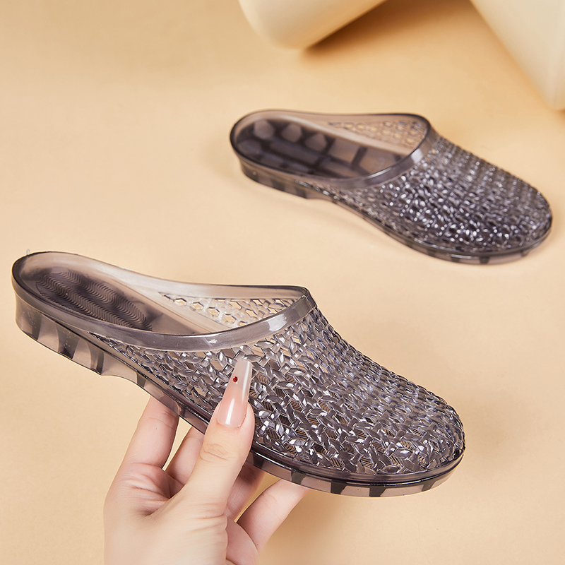 新款时尚女夏坡跟外穿懒人水晶包头凉拖鞋塑料加厚妈妈镂空半拖鞋