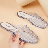 女夏外穿妈妈包头镂空凉拖鞋 沙滩透气 水晶加厚防滑耐磨塑料半拖鞋