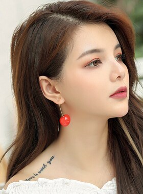 夏日樱桃少女耳环女气质韩国个性百搭可爱红色趣味水果耳饰品