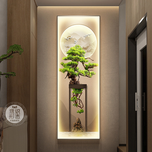 迎客松玄关装饰画led灯新中式走廊过道壁画高级感入户正对门挂画