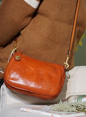 高油脂头层牛皮高货！孤品小巧单肩斜背手提女真皮随身日系马鞍包