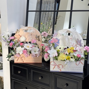 鲜花手提袋圣诞节diy插花盒防水纸质花篮包花材料花束包装礼盒