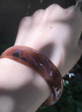 天然俏色发丝粉玛瑙手镯中式甜美