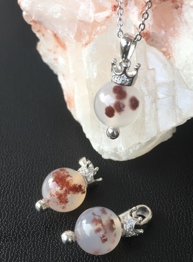 天然红水草玛瑙珠皇冠纯银吊坠女