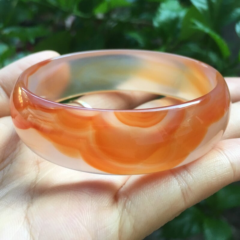精品巴西纯天然俏色花纹玛瑙玉髓手镯女款镯子高冰透荧光百搭58mm
