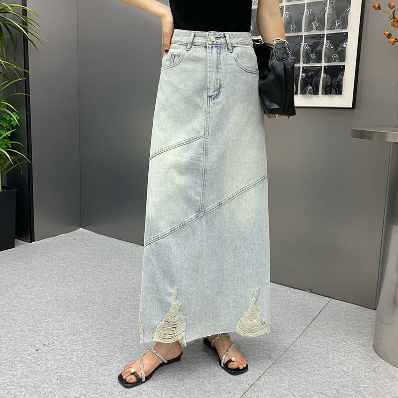 破洞牛仔半身裙女高腰包臀春夏新款垂感直筒宽松a字中长款拖地裙