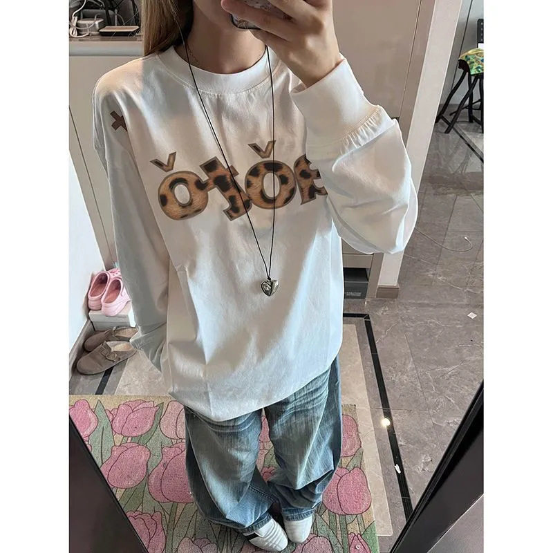 纯棉小众设计感豹纹圆领长袖t恤女春秋情侣打底衫宽松上衣ins潮男
