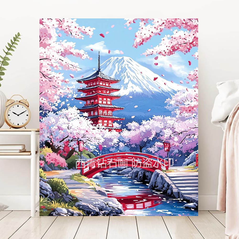 5D全方钻高难度钻石贴画富士山樱花树DIY手工成人fuji点钻十字绣