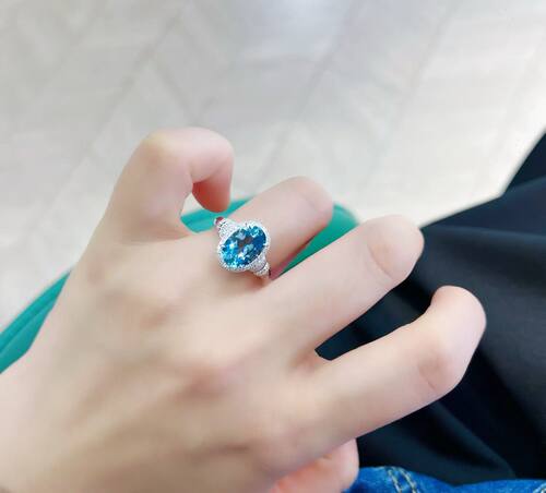天然海蓝宝石戒指，超级圣玛利亚色，3.2ct，总重3.83g