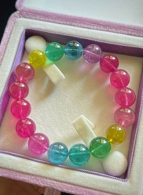 回收天然水晶浓郁荧光色标碧玺手链，参数12mm重47.95g