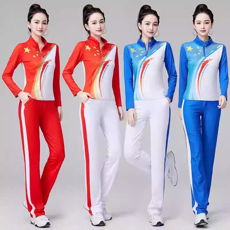 中国风时尚休闲运动套装女新款红色团体队服演出健身广场舞蹈服装