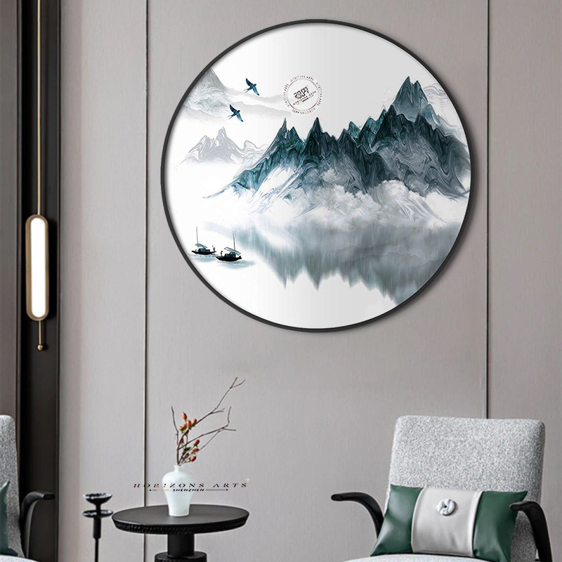 圆形玄关新中式山水风景装饰画