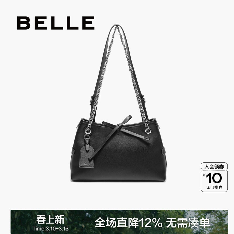 百丽包包女新款时尚蝴蝶结黑色通勤单肩斜挎链条包托特包BL850CX5