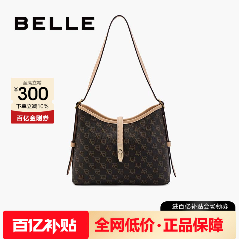 百丽复古通勤老花水桶包托特包