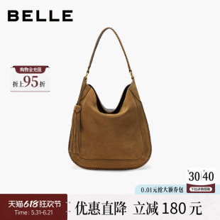 百丽包包女款新款通勤波嬉风磨砂流苏反绒麂皮托特包大号9916BDX5