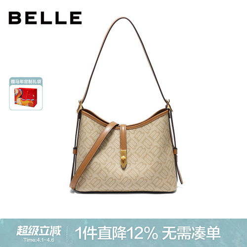 百丽复古通勤老花水桶包托特包