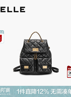 百丽女包质感真皮小香风上班通勤背包羊皮黑色链条双肩包X9330BX4