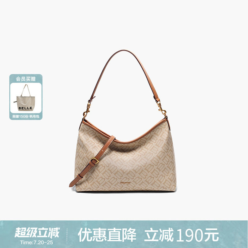 百丽女包包新款海鸥老花通勤单肩hobo包大容量真皮质感托特包7199
