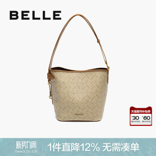 百丽包包女复古海鸥老花通勤质感休闲单肩斜挎水桶包X2022CX5