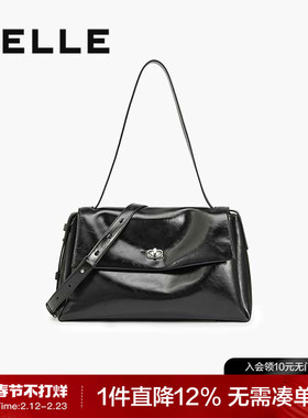 百丽包女2025新款油蜡皮大容量黑色手提邮差包单肩斜挎包F3039CX5