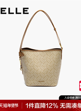 百丽包包女2025秋新复古海鸥老花通勤休闲单肩斜挎水桶包X2022CX5