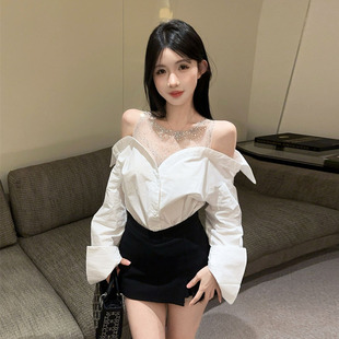 18YX1182欧美2026跨境外贸批发网纱拼接假两件烫钻露肩长袖衬衫女