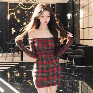 TZ6123法式 复古风撞色格纹一字肩连衣裙女优雅气质收腰显瘦包臀裙