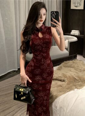 复古轻熟性感优雅花色旗袍连衣裙女人味高腰气质修身开叉显瘦裙子