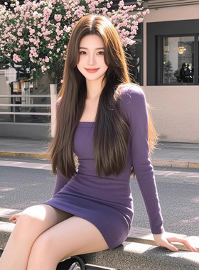 TZ4994御姐气质深紫色方领长袖连衣裙女紧身收腰性感简约包臀短裙