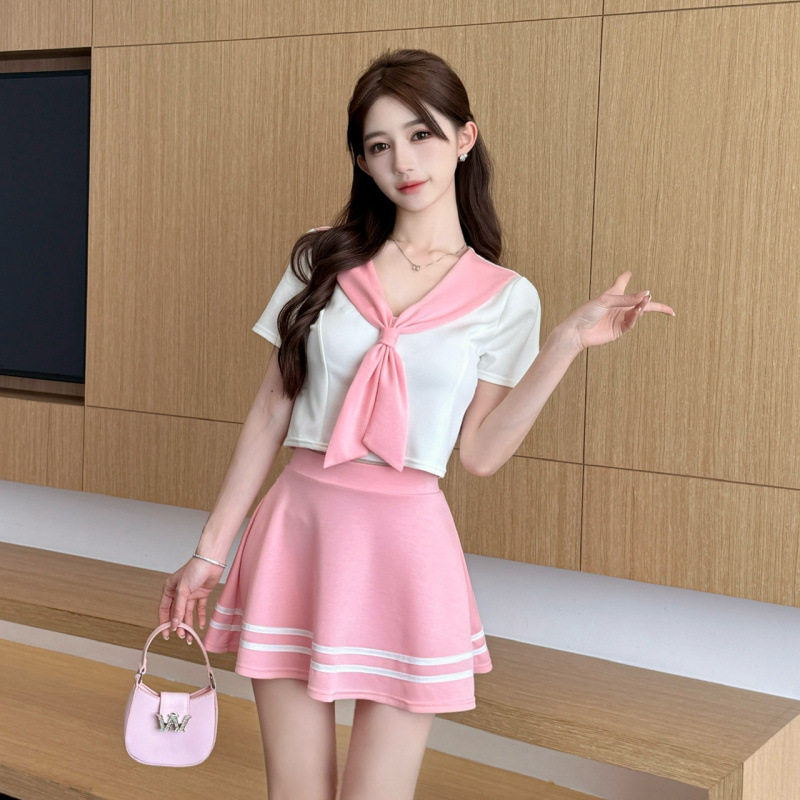 5843跨境外贸女装批发东南亚学院风撞色短上衣+半身裙制服两件套