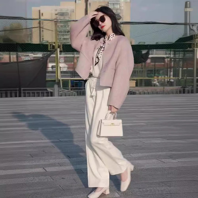 法式名媛风粉色短款呢子外套矮个子高级感毛呢冬保暖上衣百搭减龄