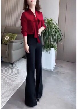 23265大爱美依缘2026新款韩版纯色系带长袖上衣高腰微喇长裤女装