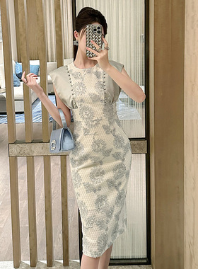 夏季新款女法式圆领刺绣蕾丝连衣裙中长款显瘦遮肉通勤裙子51359