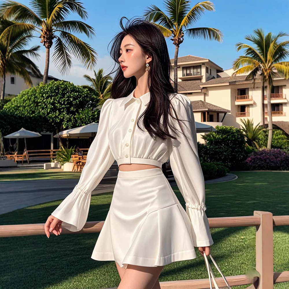 XSD4992秋冬季白色套装女新款气质长袖polo衬衫上衣+短裙子两件套