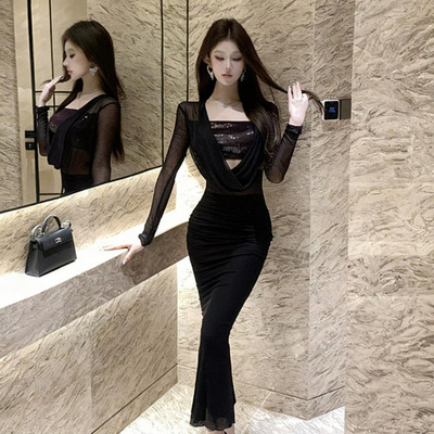 7323东南亚跨境外贸女装批发时尚亮片抹胸拼接网纱收腰显瘦连衣裙