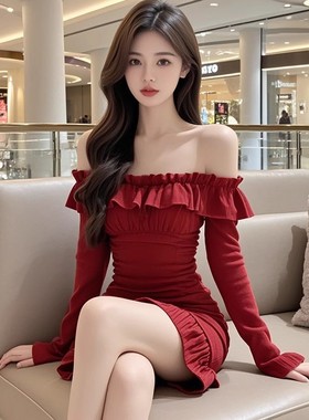 TZ5607红色一字肩木耳花边褶皱连衣裙女新款收腰显瘦设计新年战袍