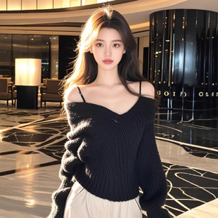 6122辣妹气质黑色一字领吊带露肩毛衣女韩系小众设计显瘦上衣
