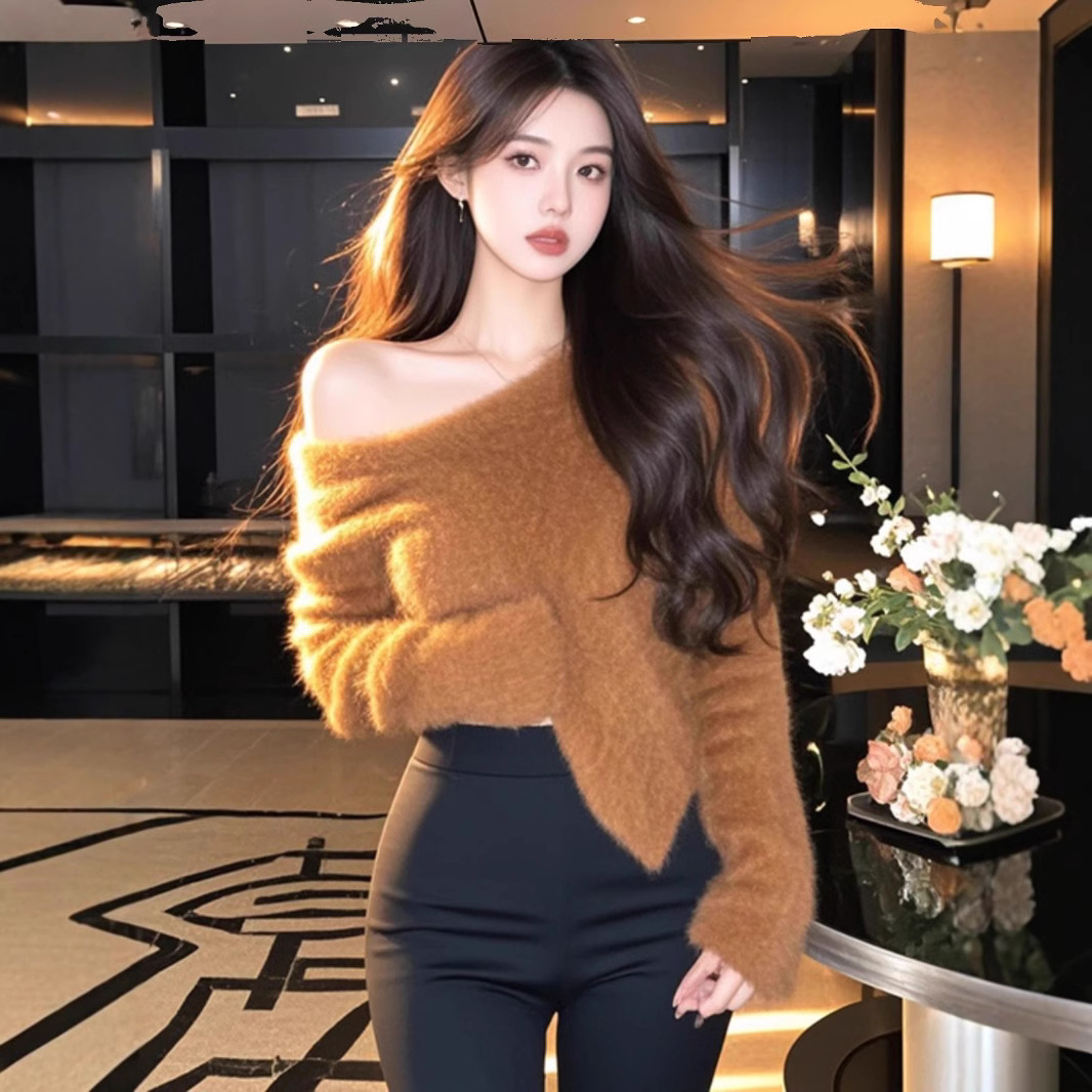 26-6015小个子慵懒风不规则斜肩长袖毛衣女氛围感软fufu显瘦上衣