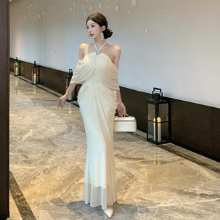 5727跨境外贸女装批发东南亚挂脖披肩一字肩连衣裙蕾丝收腰礼服裙