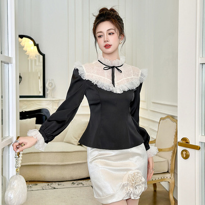 法式蕾丝荷叶边拼接上衣女收腰显瘦蝴蝶结名媛风宫廷风衬衫56015