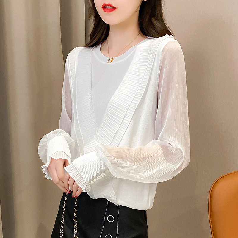 针织衫女2023春装新款雪纺灯笼袖拼接很仙的套头女式毛衣女潮跨境