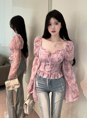 18YX6533欧美2026跨境外贸批发法式甜美少女感碎花雪纺喇叭袖衬衫