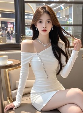 TZ5635白色斜肩长袖镶钻设计感连衣裙女新款法式千金高级感小短裙