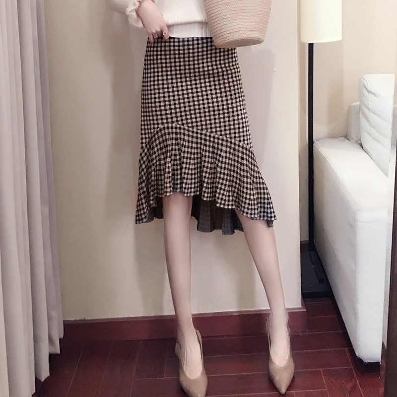 针织鱼尾裙不规则千鸟格女2024新款中长款半身裙包臀毛线裙子显瘦