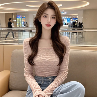 显瘦短款 ZS5956小个子粉色方领褶皱长袖 纯欲修身 女新款 上衣 针织衫