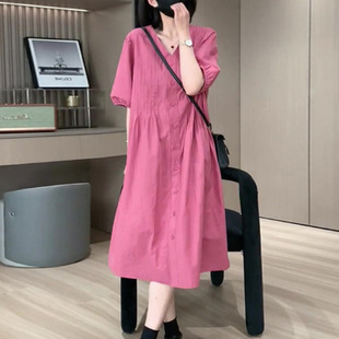 绝美粉色裙子女夏季2026新款甜美设计感小众微胖女生连衣裙小个子