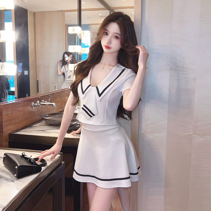 3015跨境外贸女装批发东南亚性感修身短袖制服套装裙A字裙两件套