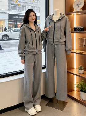 欧货潮牌休闲套装女2026春新款灰色连帽开衫外套高腰阔腿裤两件套