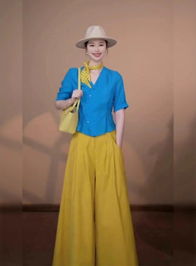 2026夏季多巴胺阔腿裤穿搭一整套女气质巨好看的蓝色短袖休闲套装